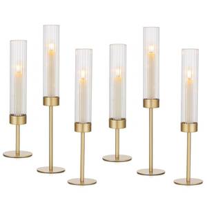 lot 9767 image: Hewory Gold Hurricane Candle Holders Brass Candlestick Holders Set of 6 Tall Taper Candle Holders for Candlesticks Candle Sticks Holder Decor for Table Centerpiece Wedding Party Christmas Decorations