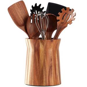 lot 9773 image: LOHONER Wooden Utensil Holder for Countertop, 360° Rotating Kitchen Utensil Holder, 7.2x 6 Large Acacia Wood Crock, Farmhouse Kitchen Decor