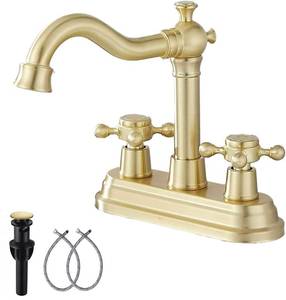 lot 9777 image: Bathroom Faucet Brushed Gold GGStudy 2 Handles 4 Inches Centerset RV Bathroom Vanity Faucet with Drain Assembly and Supply Hose Lavatory Mixer Double Handle Tap