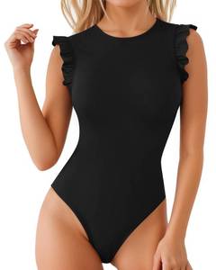 lot 10312 image: MANGOPOP Womens Body Suits Cute Crew Neck Ruffle Sleeveless Slim Fit Bodysuit Tank Tops Tight Casual Sexy, Black, XX-Large