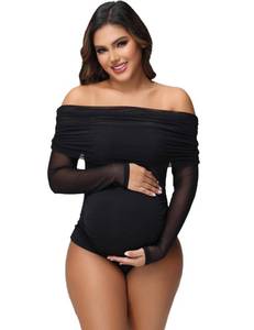 lot 10342 image: JustVH Womens Sheer Mesh Maternity Bodysuit for Photoshoot Long Sleeve Off Shoulder Pregnancy Photography Outfits