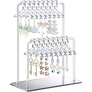 lot 10357 image: NiHome Acrylic Earring Holder with Unique Double-Tiered Design, Cute Miniature Clothing Hangers with Spacious Storage for 48 Pairs, Mirror-Finish Display for Home Vanity & Retail Showrooms (Silver)
