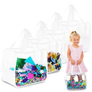 lot 10414 image: 4 Pack Extra Large Toy Storage Clear Bags with Zipper 12x10x7 Clear Plastic Bins with Handle, Toy Organizer for Kids playroom, Blocks, Clothes, Stuffed Animal Storage