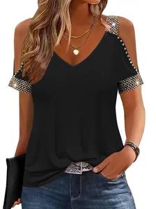 lot 10418 image: kipfall Womens Cold Shoulder Tops with Sequins V Neck Short Sleeve T Shirts Casual Loose Fit Basic Tee