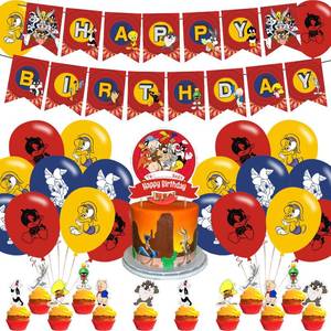 lot 10451 image: Ezcpigei Looney Tunes Birthday Party Supplies - Banner, 18 Balloons, 12 Cupcake Toppers - Red, Yellow, Blue, Green Cartoon Theme
