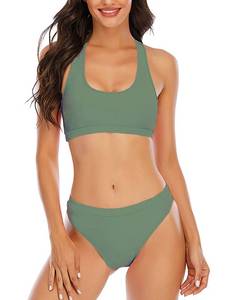 lot 10482 image: YELAIVP Womens Solid Racerback Athletic Bikinis Sporty Two Pieces Swimsuit Junior Teen Girls Sports Bathing Suits Olive Green