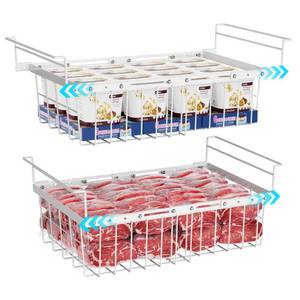 lot 11657 image: iSPECLE Chest Freezer Organizer - 2 Pack Hanging Freezer Organizer Bins with Expandable Handle for 10 to 20 Cu.Ft, Sort and Easy Slide to Get Bottom Frozen Food, Sturdy Baskets, White