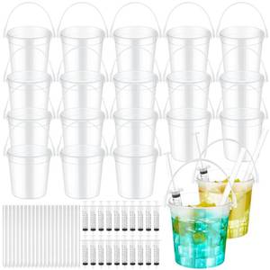 lot 11671 image: Willinglong 20 Set 32oz Clear Plastic Rum Buckets for Drink with Straws Beverage Syringes Drink Buckets for Parties with Handle Reusable Punch Bowls for Rum Wine Beer Cocktail Beverage Party(Frosted)