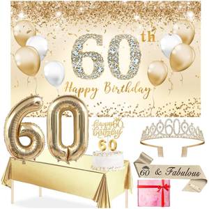 lot 2437 image: Trgowaul 60th Birthday Decorations Party Set for Women, Gold 60 Birthday Banner and Tablecloth, 60 & Fabulous Sash and Tiara, 1PC Happy 60th Cake Topper, Gold Number Balloons