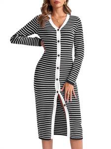 lot 2446 image: Saodimallsu Womens Striped Long Sleeve Sweater Dress V Neck Button Down 2024 Fall Casual Knit Midi Dresses Black XL