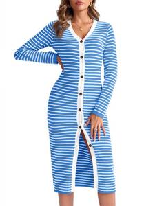 lot 2468 image: Saodimallsu Womens Striped Long Sleeve Sweater Dress V Neck Button Down 2024 Fall Casual Knit Midi Dresses Blue XL