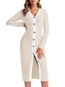 lot 2485 image: Saodimallsu Womens Striped Long Sleeve Sweater Dress V Neck Button Down 2024 Fall Casual Knit Midi Dresses Apricot XL