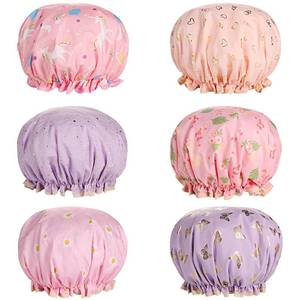 lot 2498 image: Dual-Layered Shower Cap,6-pack Shower Caps for Women Reusable Waterproof with Unique Patterns Butterflies, Stars, Hearts,Elastic Plastic Hair Cap Perfect for Women Ladies Spa Salon (#1-multi-color)