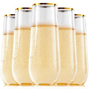 lot 5605 image: FOCUSLINE 24 Pack 9 Oz Plastic Stemless Gold Rim Champagne Flutes, Heavy Duty, Shatterproof, Disposable & Reusable Crystal Clear Toasting Glasses