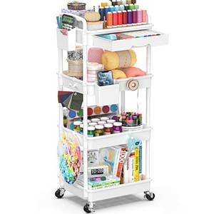 lot 5623 image: EaseSky 4 Tier Rolling Utility Cart with Drawer, Storage Organizer Cart with 2 Lockable Wheels, Multifunctional Rolling Storage Cart for Bathroom, Kitchen, Craft, Makeup, Baby Essentials, White