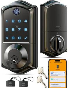 lot 5629 image: Veise VE017 Fingerprint Smart Door Lock, App Control, 7-in-1 Keyless Entry, Auto Lock, Emergency Power Port, Electronic Touchscreen Keypad, Biometric Smart Locks for Front Door, Matte Black