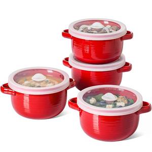 lot 5635 image: LE TAUCI Soup Bowls with Handles and Silicone Lids, 28 oz Ceramic French Onion Soup Bowls, Oven & Microwave Safe Ramen Cooker for Cereal, Chilli and Stew Beef, Non-Toxic Soup Crocks, Set of 4, Red