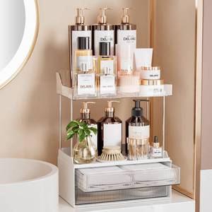 lot 5641 image: Delamu Bathroom Organizers and Storage, 2-Tier 2-Drawer Makeup Organizer Countertop, Easy to Install, Ideal for Bathroom Storage, Vanity, Large Skincare, Perfume, Present, and More, Clear