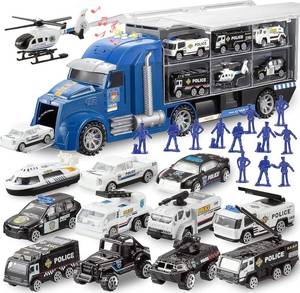 lot 5644 image: JOYIN 25 in 1 Police Rescue Truck Car Toy Set with Sounds and Lights, Mini Vehicles in Carrier Truck, Play Police Patrol Rescue Vehicle Toy, Birthday Gifts for Over 3 Years Old Boys