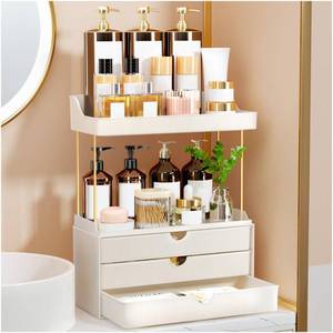lot 5656 image: StorBin 3 Drawers Bathroom Counter Organizer - 5 Tier Makeup Organizer, Versatile Perfume Organizer, Ideal for Bathroom Storage, Vanity, Large Skincare, Perfume, Present, Cream White