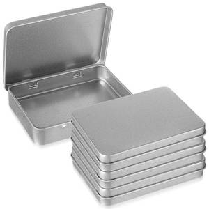 lot 6035 image: oruola 4 Pack Tin Boxes with Hinged Lids,Rectangular Small Metal Box 3.54 X 2.76 X 0.67 In, Mini Portable Storage Tin Containers with Lid,Small Metal Box for Storing Candy Jewelry Crafts,Silver