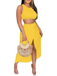 lot 6379 image: LYANER Womens 2 Piece Outfits Tank Crop Top and High Low Hem Ruched Bodycon Midi Skirt Soild Yellow Medium