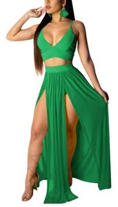 lot 6381 image: Women Sexy 2 Piece Outfits Dress Chiffon Strap Deep V Neck Bra Crop Top High Split Maxi Dresses Skirt Set size XL