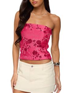 lot 6395 image: Ardrem Women Y2K Sequin Tube Tops Backless Sparkle Tank Top Strapless Rhinestone Beaded Shirts Glitter Bandeau Tops Party Hot Pink