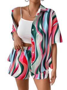 lot 6402 image: SHENHE Womens Allover Print Drop Shoulder Button Down Shirt with Shorts Two Piece Outfits Multicolor XL