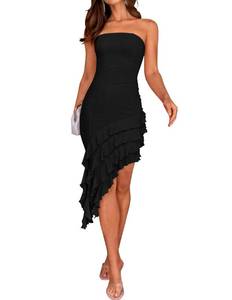lot 6408 image: ZESICA Womens 2025 Summer Strapless Bodycon Tube Dress Sexy Off Shoulder Mesh Irregular Ruffle Backless Party Midi Dresses,Black,Small