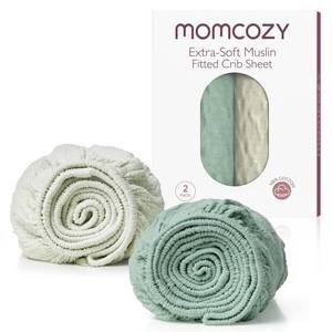 lot 6412 image: Momcozy Muslin Fitted Mini Crib Sheets, 38x26, 2 Pack Soft Breathable Natural Cotton Baby Mattress Sheet, 360° Mattress Wrapping No Slip Boys Girls Neutral Toddler Bed Sheet, Grey Green
