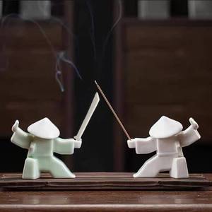 lot 6461 image: EAEMDY Samurai Figure Figurine Japanese Warrior Statue Decor for Table Room, Incense Holder for Stick Burner Incense Stick Holder, Kongfu Tea Pet Decoration (4.White BGreen B)