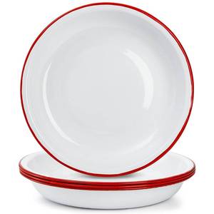 lot 9170 image: Lawei Set of 4 Enamel Dinner Plates, 10 Inch Round Enameled Camping Plate with Red Rim, Retro Salad Pasta Bowls Enamel Deep Dinner Serving Platter for Dinner, Outdoor, Picnic, BBQ, Butter