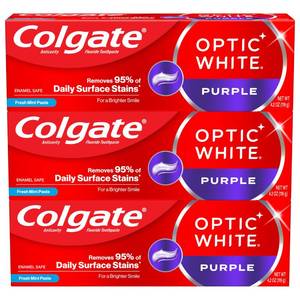 lot 12104 image: Colgate Optic White Purple Toothpaste for Whitening, Enamel-Safe Mint, 3 Pack, 4.2 oz