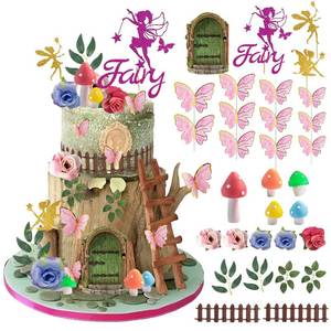lot 12111 image: 27PCS Fairy Cake Toppers, Pink Mushroom House Butterfly Cake Decoration Fairy Garden Party Supplies Favors for Fairy Birthday Party Baby Shower