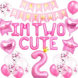 lot 12132 image: 41 PCS Im Two Cute Birthday Decoration Girl Im Two Cute Balloon Pink Number 2 Balloons Girl 2nd Birthday Decoration (Missing Letter)