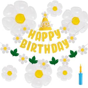 lot 12141 image: Daisy Balloons, Huge White Flower Aluminum Foil Balloons, Daisy Party Banners, Triangle Hat, Manual Pump Inflator for Birthday, Baby Shower, Wedding, Daisy Party Decorations Supplie. (Style B)