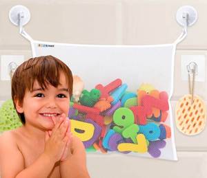 lot 12143 image: Bath Toy Net 18x16 Inch Kids Bath Tub Toy Holder, Corner Mesh Bag, Baby Bathtub Storage Organizer, Large Bathroom Bucket Bin, Toddler Shower Caddy Hanging Basket, 2 Suction Cups 2 Adhesive Wall Hooks