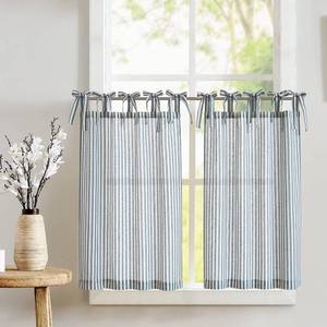 lot 12150 image: jinchan Tie Top Linen Kitchen Curtains 36 Inch Length Striped Tier Curtains Ticking Stripe Small Drapes for Living Room Bathroom Cafe Small Window Farmhouse Rustic Rod Pocket 2 Panels Blue