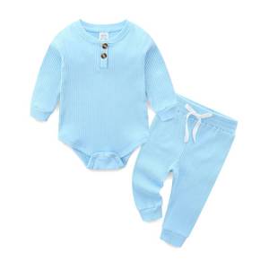 lot 16285 image: JingleBaBa Gender Neutral Newborn Clothes Toddler Sweatsuit Blue Onesies 0-3 Months Ribbed Knitted Romper 2pcs