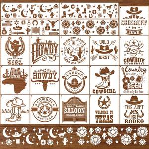 lot 16292 image: AFRITEE Western Cowboy Stencils for Painting - 20 Pieces Small Landscape Longhorn Skull Reusable Stencils for Painting on Wood, Country Music Beer Drawing Template DIY Home Wood Fence Rock Decoration