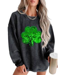 lot 16303 image: Urchics Crewneck Sweatshirts for Women 2025 Mardi Gras Holiday Corduroy Long Sleeve Sequin Graphic Casual Pullover Tops St.Patricks Black 2XL