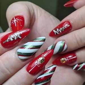 lot 16326 image: Christmas Press on Nails Medium Almond Fake Nails Xmas Tree Glue on Nails Gold Glitter Snowflake Stick on Nails Green White Swirl False Nails Red French for Women Girls Holiday Manicure 24PCS
