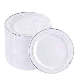 lot 19251 image: bUCLA 100Pieces Silver Plastic Plates - 6.25inch White with Silver Rim Disposable SaladDessertAppetizerSmall Cake Plates for Weddings, Parties&Gathering