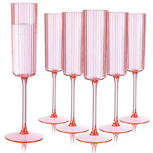lot 19259 image: Ciaell 24 Pack Pink Plastic Champagne Flutes - 6oz Ribbed Disposable Champagne Glasses - Pink Vintage Mimosa Glasses with Long Stem, Elegant & Lightweight for Weddings and Party