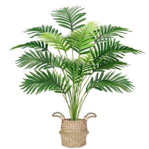 lot 19262 image: Der Rose Fake Palm Tree 28Inch Tall Fake Plant Potted Faux Areca Artificial Tree with Hand-Woven Baskets with Handles for Indoor Outdoor Home Office Bedroom Porch Balcony Decor