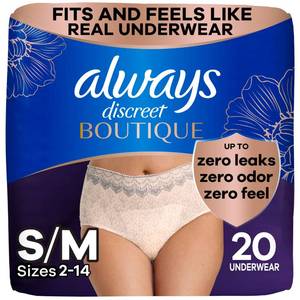 lot 19279 image: Always Discreet Boutique Incontinence and Postpartum Underwear for Women, Maximum Protection, SmallMedium, Rosy, 20 Count