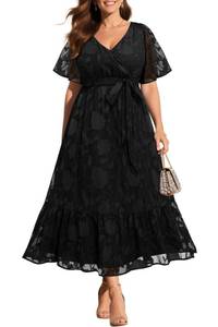 lot 20221 image: Plus Size Black Dress 2025 Wedding Guest Cocktail Wrap V Neck Summer Maxi Flutter Sleeve Lace Floral Long Dresses