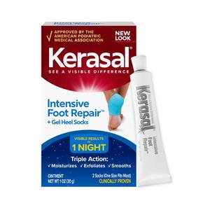 lot 20222 image: Kerasal Intensive Foot Repair Skin Healing Ointment, 1 Oz and Moisturizing Gel Socks, One Pair (Packaging May Vary)