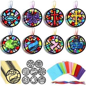 lot 20227 image: Eersida 32 Pcs VBS Crafts Cross Vacation Bible School Suncatchers Paper DIY Shaped Stained Glass Tissue Paper Kits Bulk for Window Classroom Activities Art Party Decorations Gift